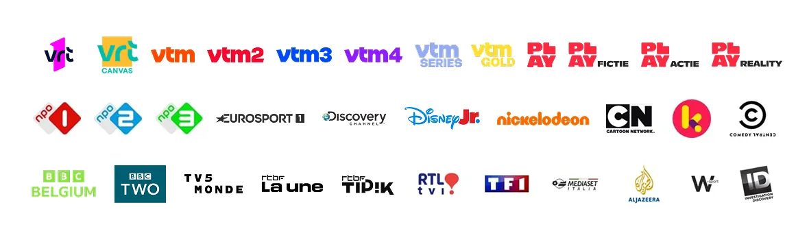 TV channel logos included in Scarlet Digital TV: local Belgian channels, kids’ favorites, sports and international networks.