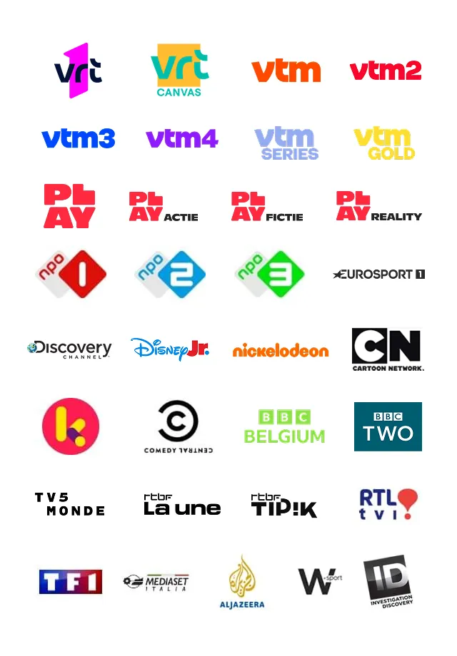 TV channel logos included in Scarlet Digital TV: local Belgian channels, kids’ favorites, sports and international networks.