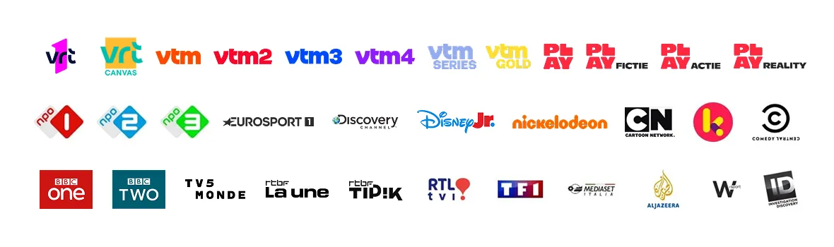 TV channel logos included in Scarlet Digital TV: local Belgian channels, kids’ favorites, sports and international networks.