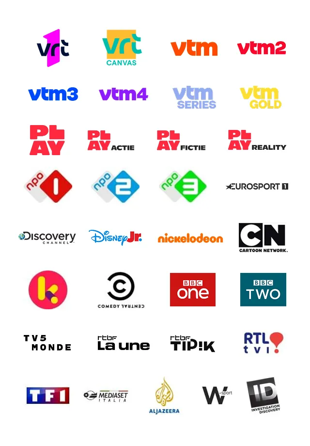 TV channel logos included in Scarlet Digital TV: local Belgian channels, kids’ favorites, sports and international networks.